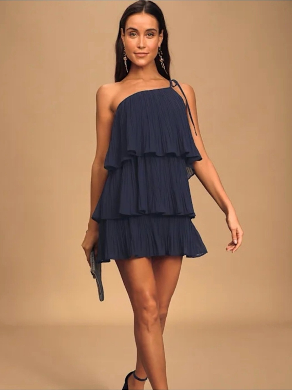 Lulu's Navy One-Shoulder Tiered Mini Dress